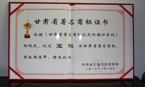 甘肅寶徽實業集團著名商標證書
